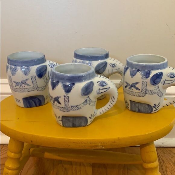 Blue and White Elephant Ceramic Mugs set of 4: pier 1 - Picture 1 of 5